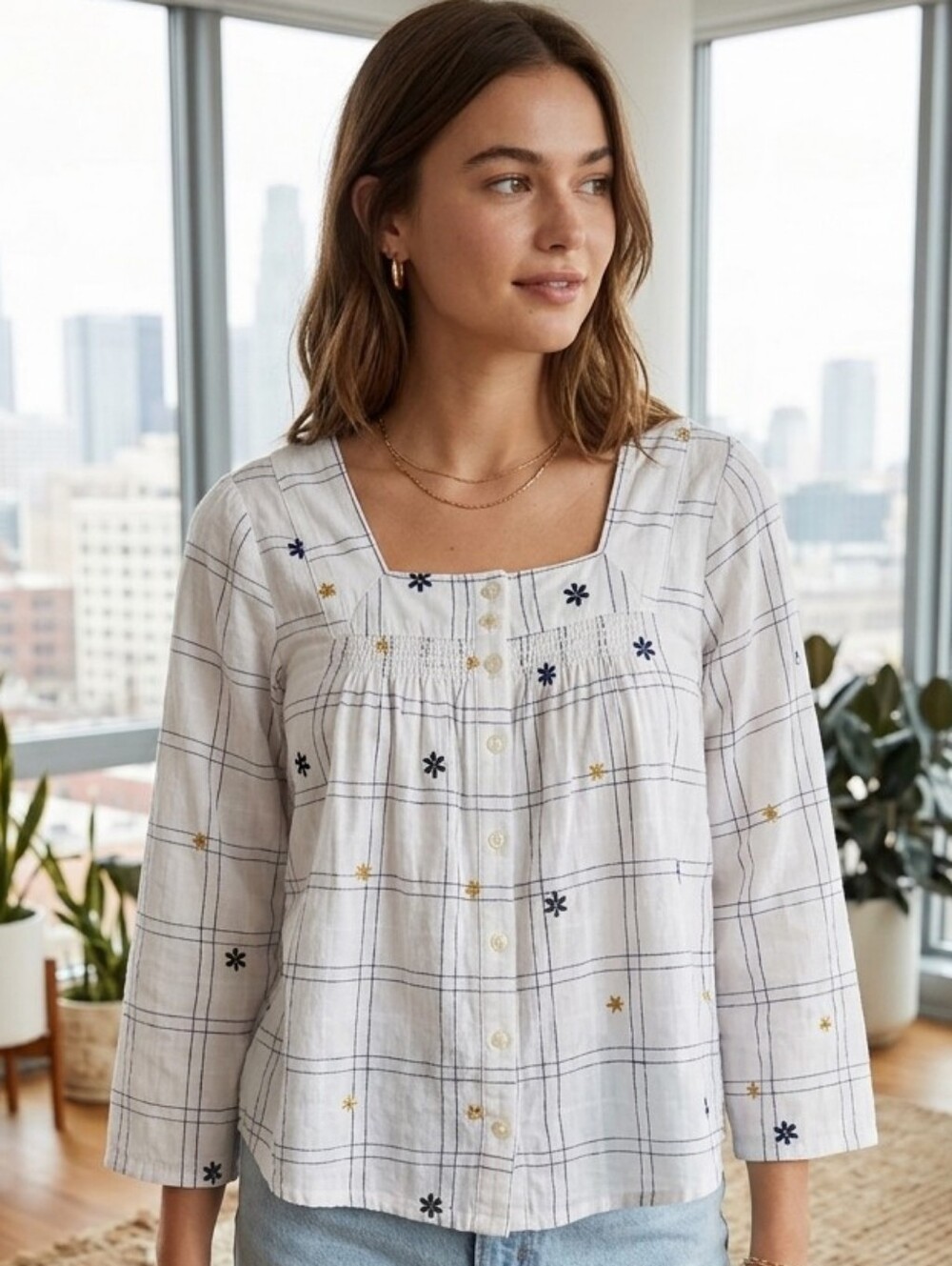 Madewell White Plaid Square-Neck Embroidered Button-Front Top